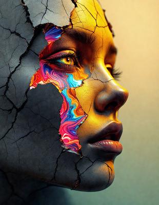 The primary subject of the image is a woman's face, which is depicted in a surreal and artistic manner. The setting is a dark background, and the visual style is a combination of photo and digital art. The colors and mood of the image are predominantly dark and moody, with the woman's face being the main focus.